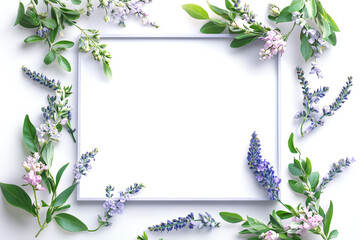 Fototapeta premium A beautiful arrangement of purple and green flora surrounding a blank frame, perfect for invitations or decoration.