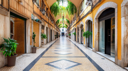 Obraz premium vibrant street market in Lisbon features colorful architecture and greenery