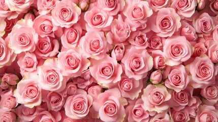 A festive greeting background featuring freshly bloomed pink roses arranged beautifully on a soft pink background.