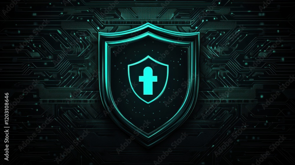 Poster futuristic digital shield symbolizing cybersecurity, set against a high-tech circuit board backgroun