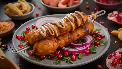 Homemade grilled pork ribs. Kebab on skewers and pomegranate sauce