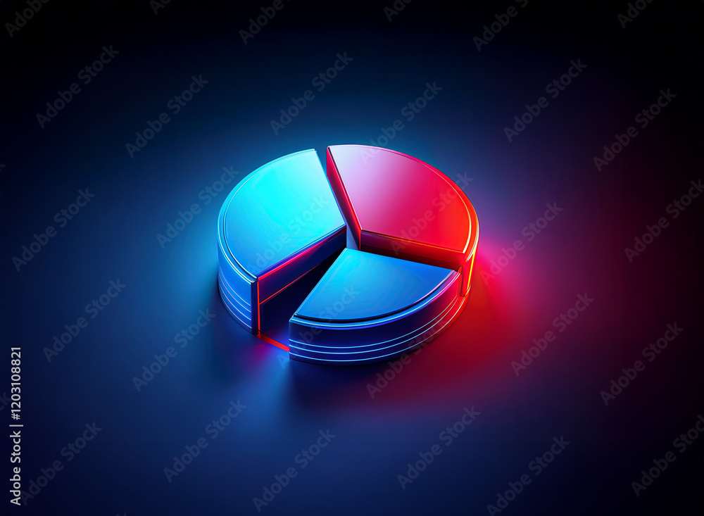 Poster a 3d rendered pie chart, segmented into three parts, glows with vibrant red and blue hues against a 