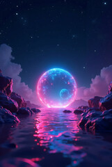 Fototapeta premium Amazing mystical around rocks with gradient shiny moon light wallpaper with spark light and clouds.