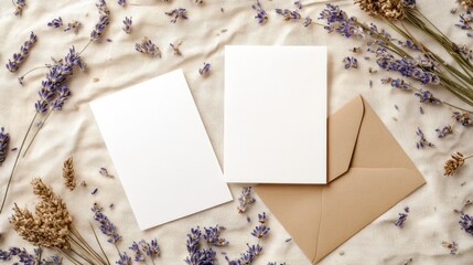 wo blank white paper cards arranged neatly on a beige table, alongside a kraft envelope and scattered dry flowers