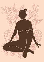 Nude girl, flowers, vector illustration, modern minimalistic shape