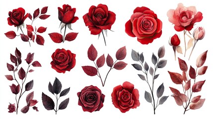 Set of watercolor rose elements, including red and burgundy flowers, leaves, and branches 