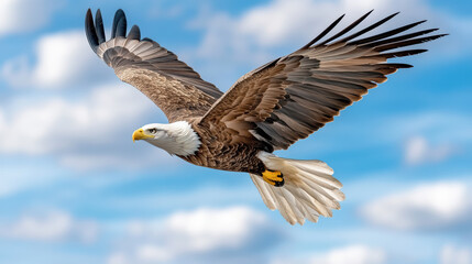 Majestic bald eagle soaring gracefully against clear blue sky