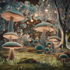 _A lush, otherworldly forest filled with enormous, glowing mushrooms, trees with iridescent bark, and hovering firefly-like orbs