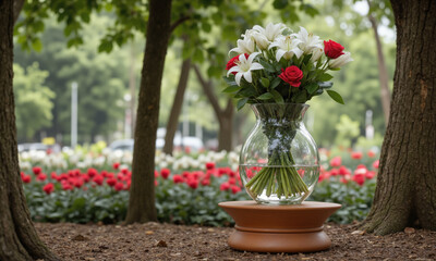 Fototapeta premium Holiday Cheer (Holly White Lilies Red Roses) festive, short glass vase with water tinted in emerald green, holding
