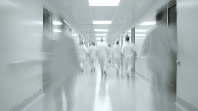 Medical scene healthcare workers moving in a bright hospital