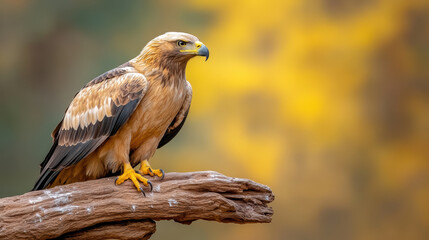 Majestic golden eagle perched on branch against sunny backdrop