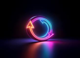 Obraz premium Glowing neon arrows form a circular refresh symbol against a dark background. The vibrant colors create a futuristic, dynamic feel.