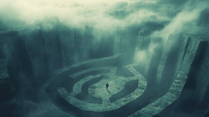 A lone person in a suit stands in the middle of a vast