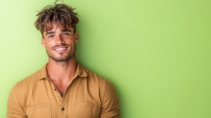 Obraz premium man smiling against bright green background, wearing casual shirt