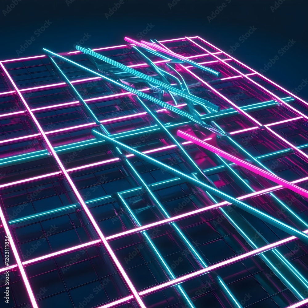 Poster neon grid structure with 3d effect in pink and cyan