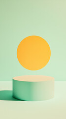 Minimalist Green Podium with Floating Circle: A simple yet elegant design showcasing a green cylindrical podium with a floating yellow circle above it.