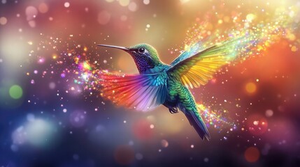 A vibrant, digitally rendered hummingbird is depicted mid-flight against a dark background