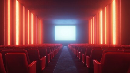 Fototapeta premium People in the cinema auditorium with Cinema blank wide screen and red chairs in the cinema hall,People silhouettes watching movie performance,empty white screen,space for text,copy space.
