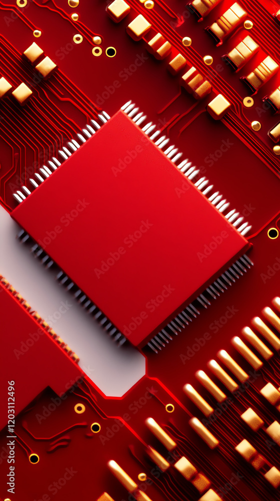 Poster a detailed close-up of a red microchip on a circuit board, showcasing intricate electronic component