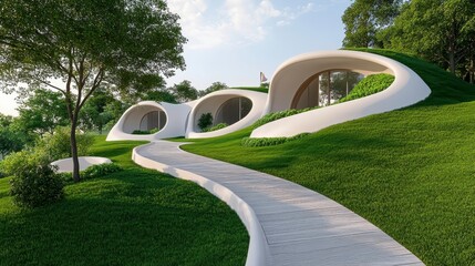Fototapeta premium Modern Architectural Design with Curved Structures and Green Landscape