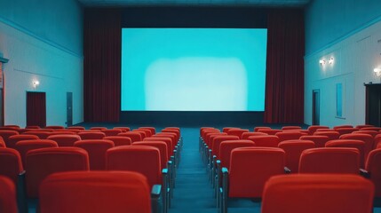 Fototapeta premium People in the cinema auditorium with Cinema blank wide screen and red chairs in the cinema hall,People silhouettes watching movie performance,empty white screen,space for text,copy space.