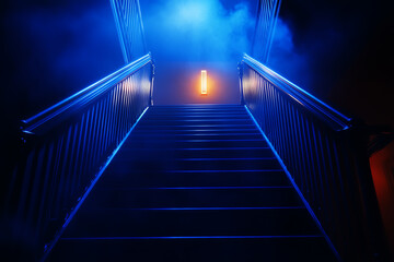 A dramatic staircase shrouded in blue mist, illuminated by a warm orange light, creating an atmospheric and mysterious scene.