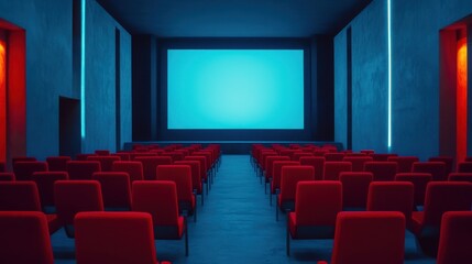 Fototapeta premium People in the cinema auditorium with Cinema blank wide screen and red chairs in the cinema hall,People silhouettes watching movie performance,empty white screen,space for text,copy space.