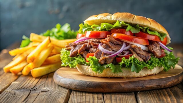 A juicy doner kebab sitting atop a bed of crispy French fries and fresh green salad, ready to be devoured, food, cuisine