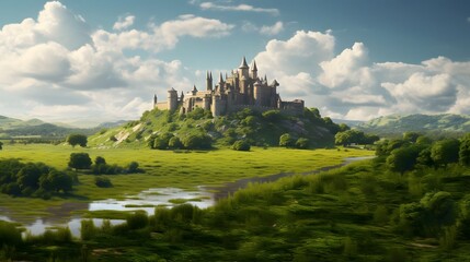 Majestic ancient castle surrounded by lush green rolling fields and trees creating a timeless idyllic countryside landscape full of history tradition and natural beauty
