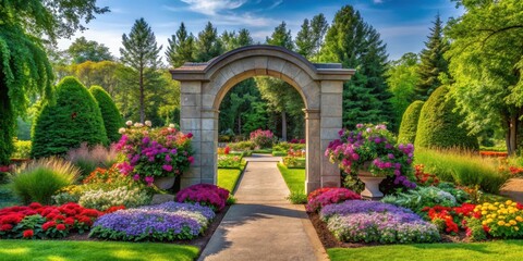 Obraz premium A serene landscape with a memorial archway, surrounded by lush greenery and vibrant flowers, peaceful, serene, peaceful