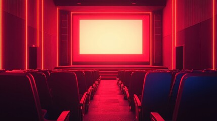 Obraz premium People in the cinema auditorium with Cinema blank wide screen and red chairs in the cinema hall,People silhouettes watching movie performance,empty white screen,space for text,copy space.