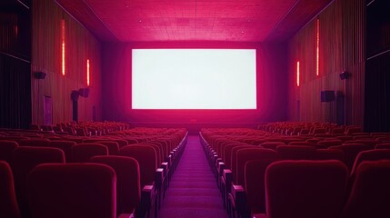 Fototapeta premium People in the cinema auditorium with Cinema blank wide screen and red chairs in the cinema hall,People silhouettes watching movie performance,empty white screen,space for text,copy space.