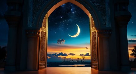 A beautiful mosque with an open door facing the sky, crescent moon and stars in the background