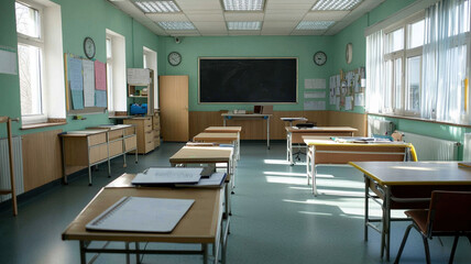 Empty classroom with desks, chalkboard, and natural light creating serene atmosphere
