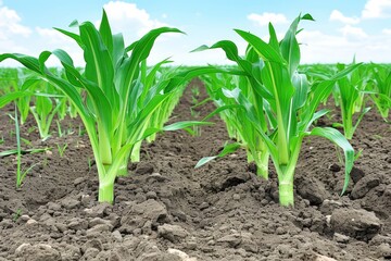 Obraz premium Vibrant Young Corn Plants in a Lush Agricultural Field Under a Sunny Sky