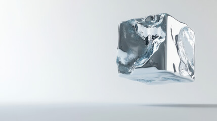 A surreal floating cube made of liquid metal, shimmering with smooth gradients of silver and blue, detailed surface texture