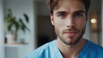Fototapeta premium Confident young man calmly gazes directly at camera soft light enhances his features. AI Generated
