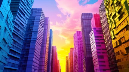 Obraz premium Vibrant Sunset Over Urban Skyscrapers in Colorful Cityscape