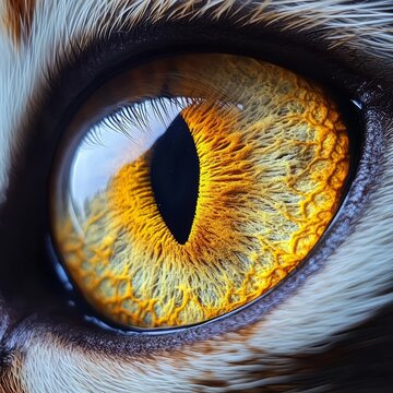 Extreme close-up of a cat's eye, vivid yellow and slit-shaped pupil. 