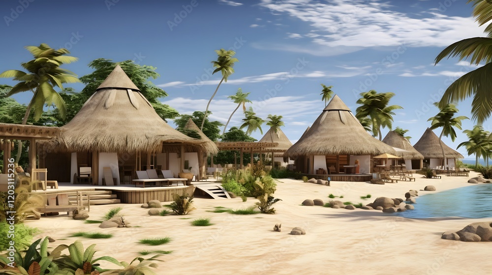 Poster tranquil tropical beachfront resort with straw roofed huts in serene seaside setting idyllic vacatio