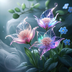 Fototapeta premium Spectral forget-me-nots bloom ethereally amidst swirling mist, their delicate blue petals glowing with an otherworldly light. Created with generative AI.