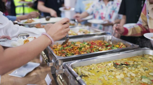 People hand grab various buffet food seminar hotel room food and drink background