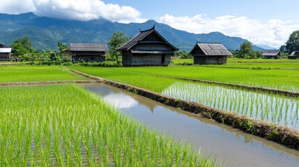 Obraz premium Tranquil Rice Paddies and Village Homes