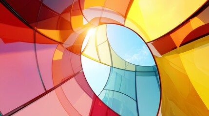 Fototapeta premium Abstract Colorful Glass Structure with Blue Sky and Bright Light
