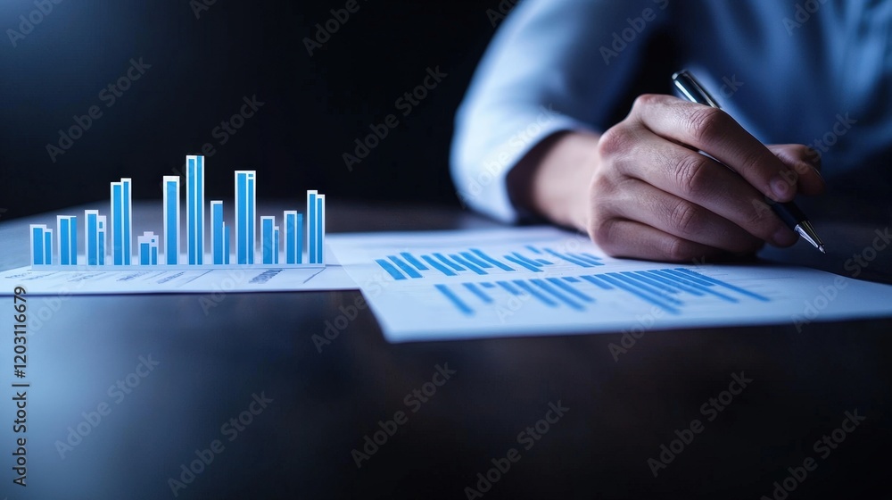 Poster neatly organized stack of business documents with graphs and analytics on a dark desk surface
