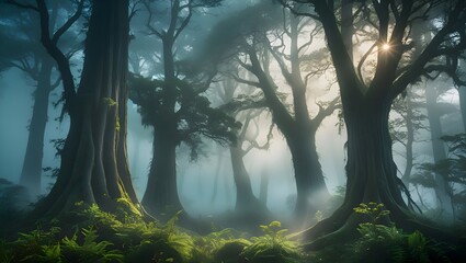A foggy forest with rays of sunlight breaking through tall ancient trees