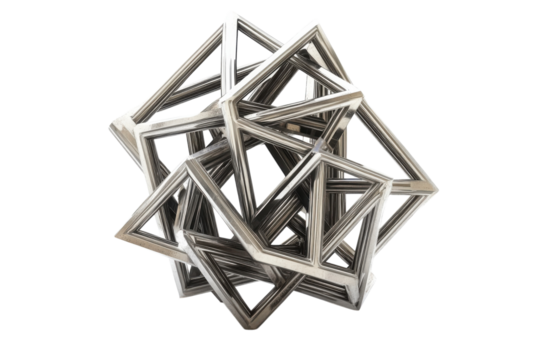 Intricate geometric sculpture made from intersecting triangular frames displayed on a neutral background