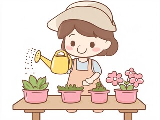 little girl watering flowers