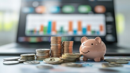 Modern Banking Concept with Piggy Bank and Coins in Front of Digital Financial Data Presentation