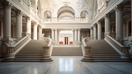 interiors of a grand public library featuring ornate marble columns and a sweeping staircase creating an atmosphere of sophistication and scholarly elegance